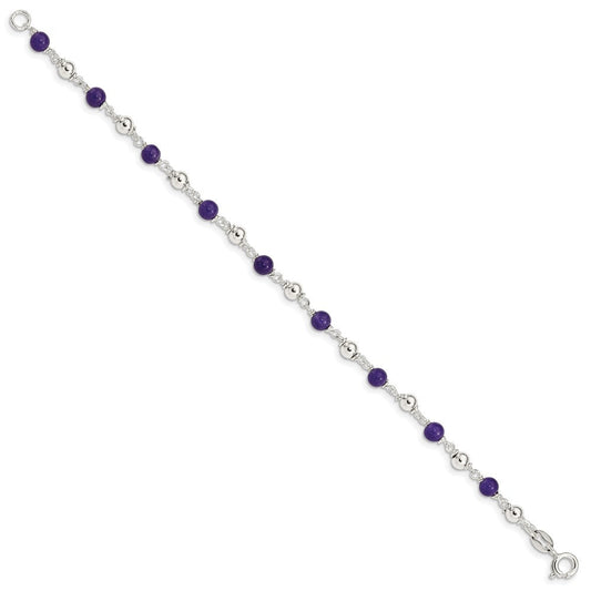 Sterling Silver 7inch Polished Amethyst Beaded Bracelet QH419-7