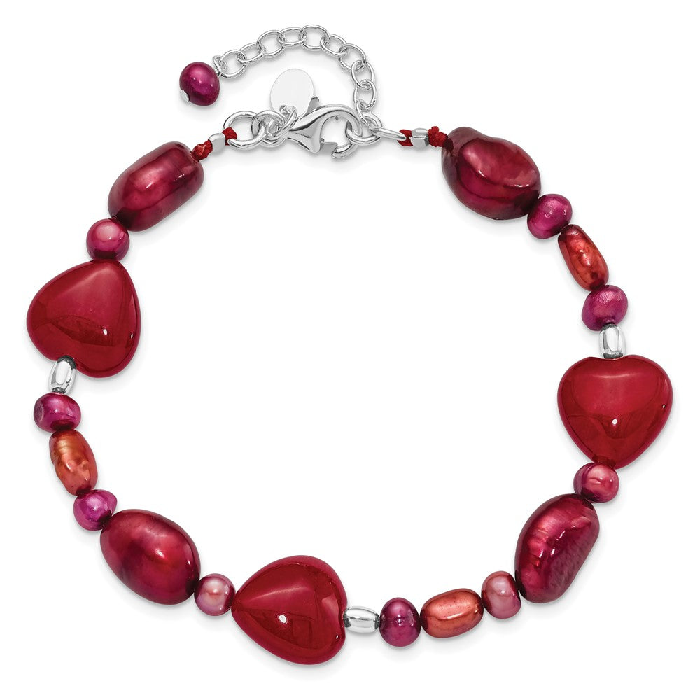 Sterling Silver Red Jade Hearts/FW Cultured Pearl Bracelet QH4558-7.5