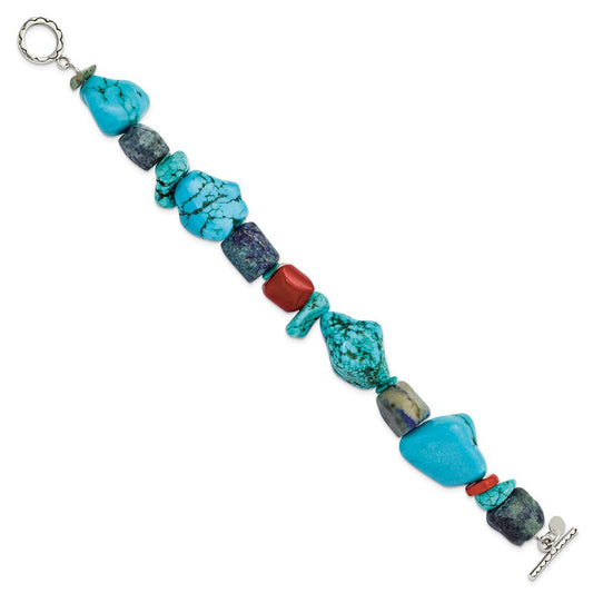 Sterling Silver Red Coral/Howlite/Lapis/Turquoise Bracelet QH4565-8