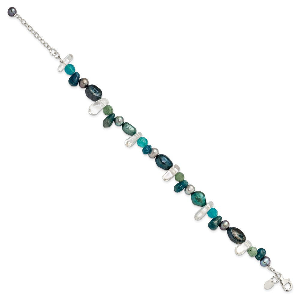 Sterling Silver Aventurine, Synthetic Blue Quartz/FWC Pearl Bracelet QH4639-7.75