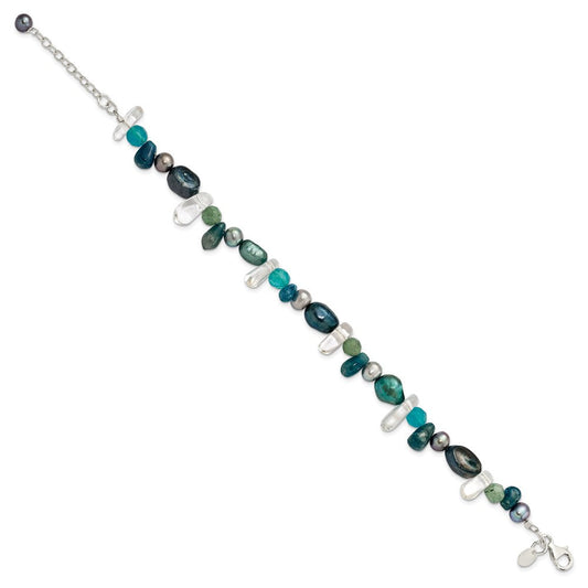 Sterling Silver Aventurine, Synthetic Blue Quartz/FWC Pearl Bracelet QH4639-7.75