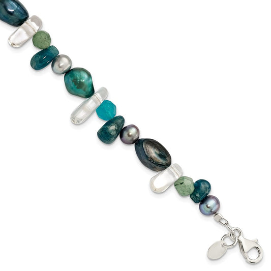 Sterling Silver Aventurine, Synthetic Blue Quartz/FWC Pearl Bracelet QH4639-7.75