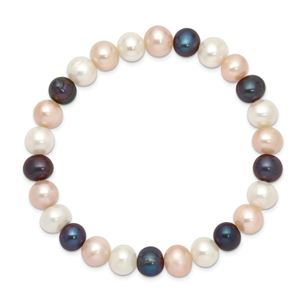 8-9mm White, Peach and Black Near-Round Freshwater Cultured Pearl Stretch Bracelet QH4648