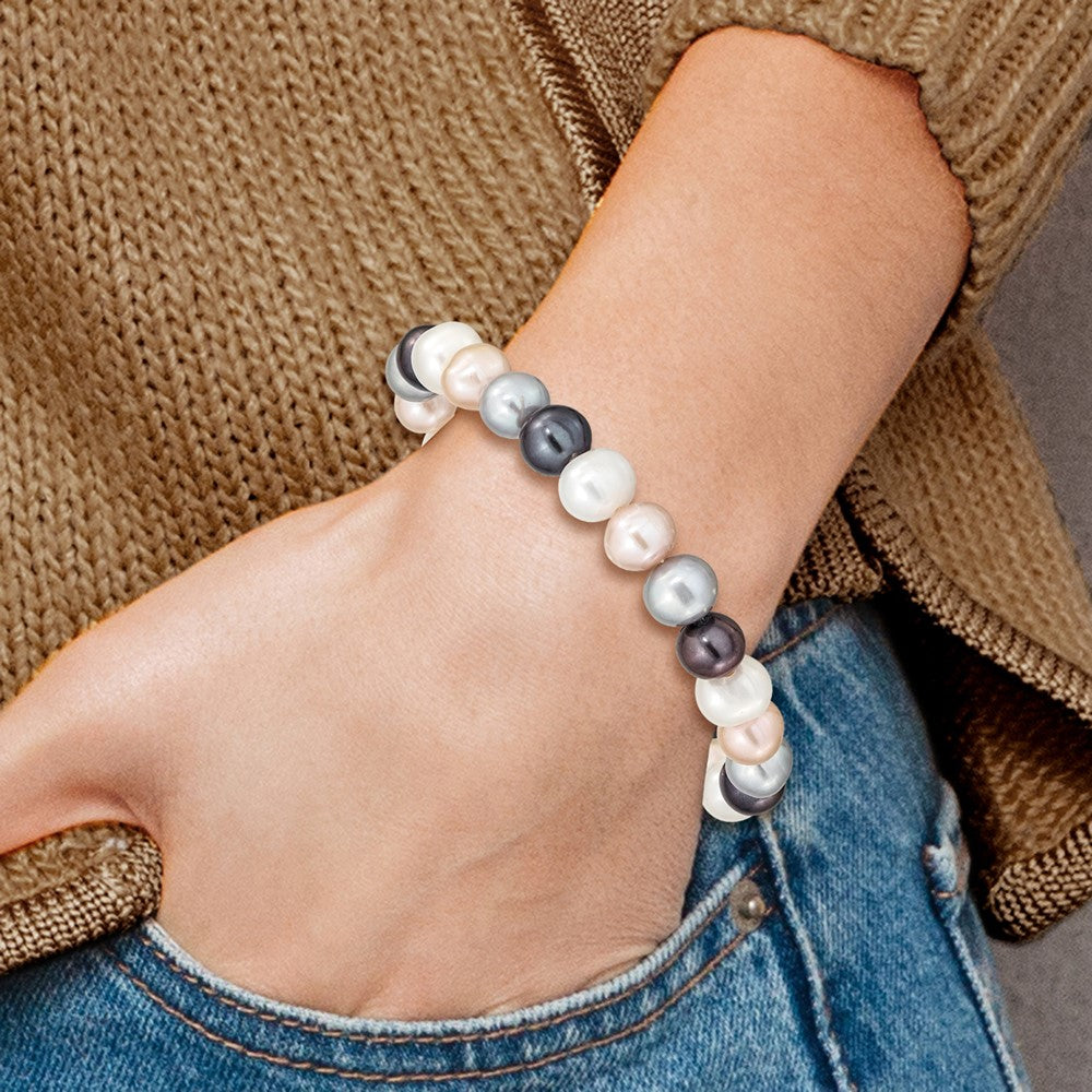 8-9mm White, Platinum, Peach and Black Near-Round Freshwater Cultured Pearl Stretch Bracelet QH4649