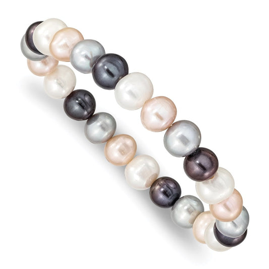 8-9mm White, Platinum, Peach and Black Near-Round Freshwater Cultured Pearl Stretch Bracelet QH4649