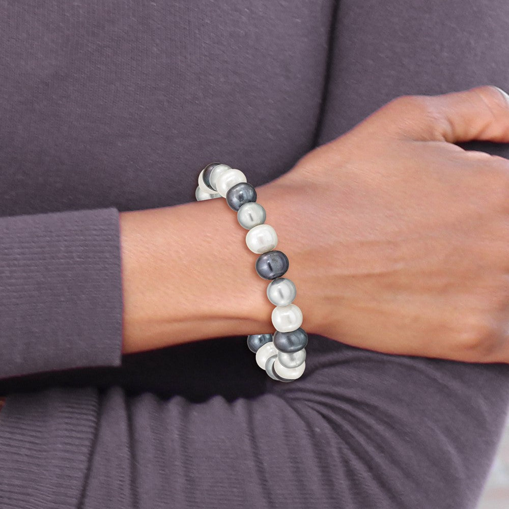 8-9mm White, Platinum and Black Near-Round Freshwater Cultured Pearl Stretch Bracelet QH4650