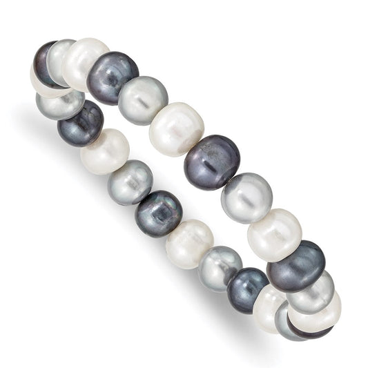 8-9mm White, Platinum and Black Near-Round Freshwater Cultured Pearl Stretch Bracelet QH4650