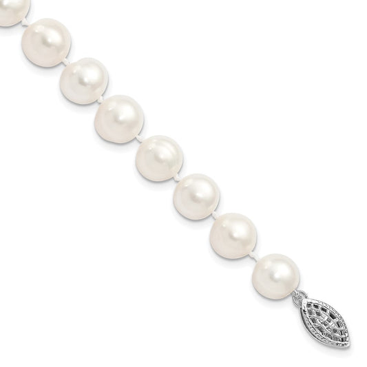 Sterling Silver Rhodium-plated 9-10mm White Near-Round Freshwater Cultured Pearl 7.25 inch Bracelet QH4729-7.25