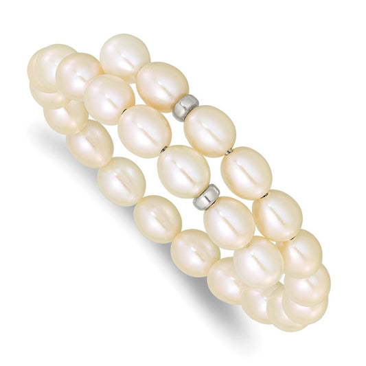 Sterling Silver Rhodium-plated 7-8mm White Rice Freshwater Cultured Pearl Flexible 7.5 inch Bracelet QH4735-7.5