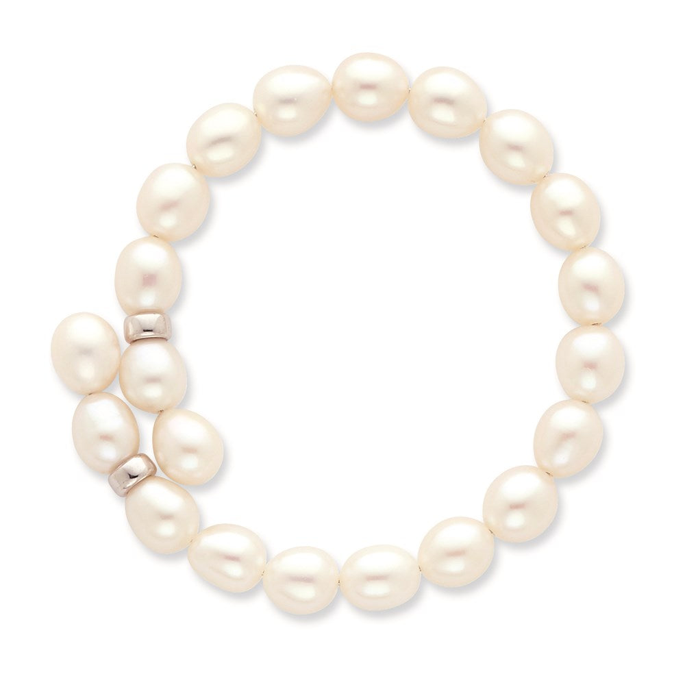 Sterling Silver Rhodium-plated 7-8mm White Rice Freshwater Cultured Pearl Flexible 7.5 inch Bracelet QH4735-7.5