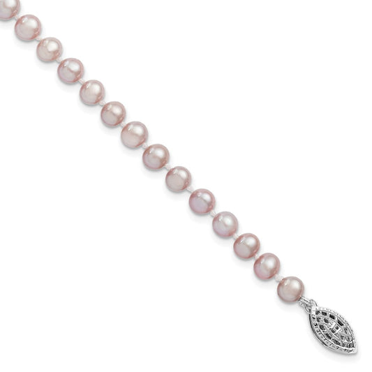Sterling Silver Rhodium-plated 5-6mm Purple Near-Round Freshwater Cultured Pearl 7.25 inch Bracelet QH4757-7.25