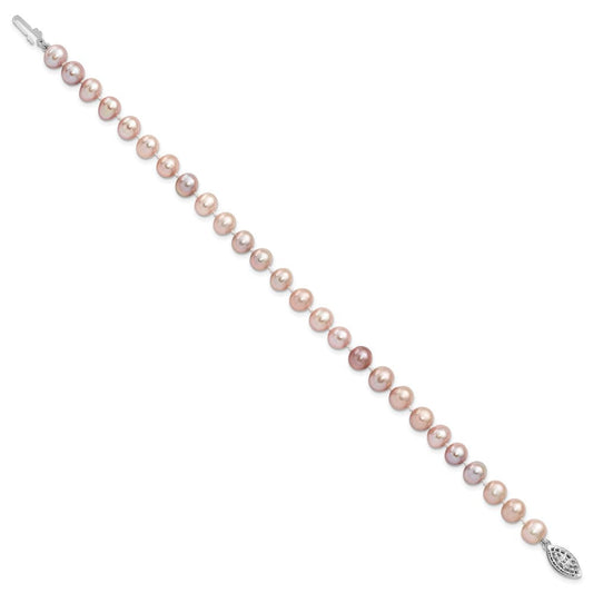 Sterling Silver Rhodium-plated 6-7mm Purple Near-Round Freshwater Cultured Pearl 7.25 inch Bracelet QH4763-7.25