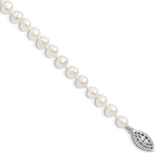 Sterling Silver Rhodium-plated 5-6mm White Near-Round Freshwater Cultured Pearl 7.25 inch Bracelet QH4769-7.25