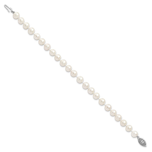 Sterling Silver Rhodium-plated 7-8mm White Near-Round Freshwater Cultured Pearl 7.25 inch Bracelet QH4778-7.25