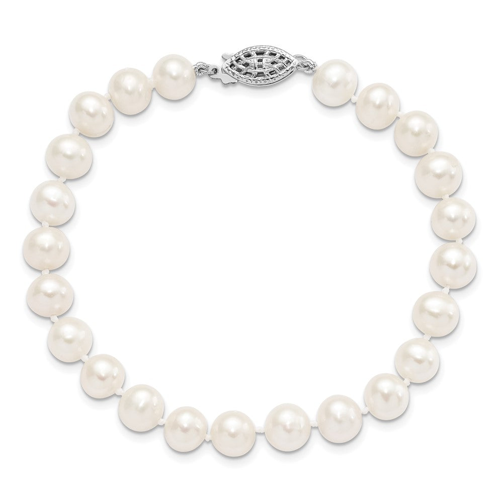 Sterling Silver Rhodium-plated 7-8mm White Near-Round Freshwater Cultured Pearl 7.25 inch Bracelet QH4778-7.25