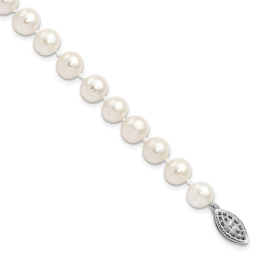 Sterling Silver Rhodium-plated 7-8mm White Near-Round Freshwater Cultured Pearl 7.25 inch Bracelet QH4778-7.25