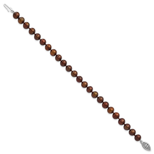 Sterling Silver Rhodium-plated 6-7mm Brown Near-Round Freshwater Cultured Pearl 7.25 inch Bracelet QH4817-7.25