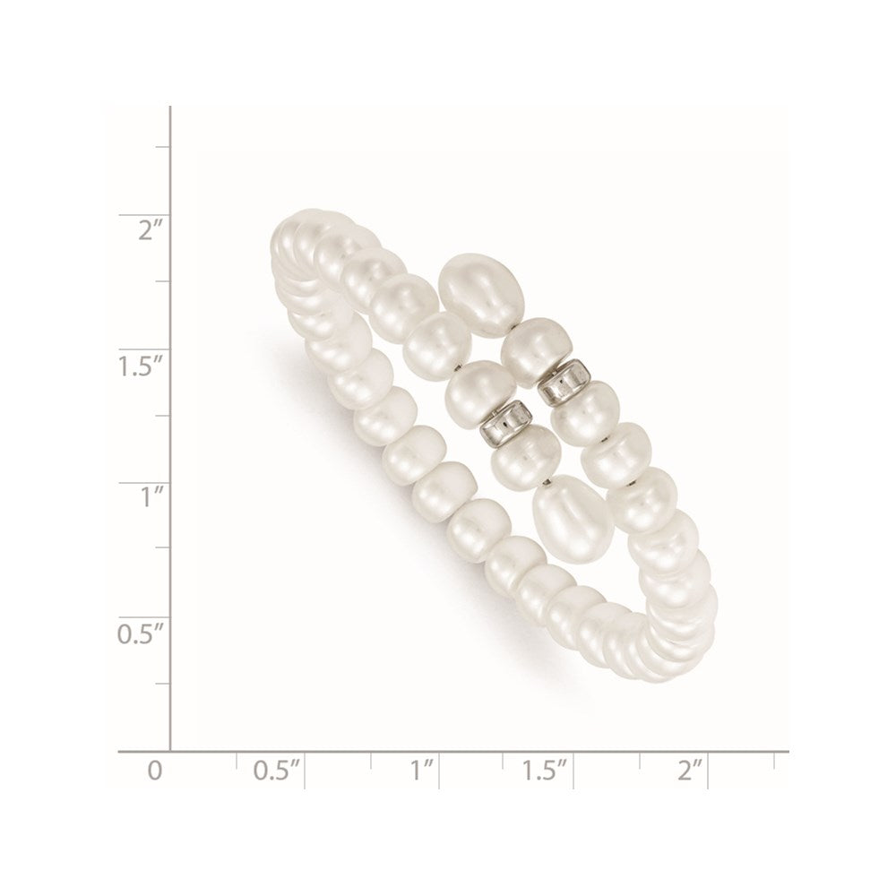 Sterling Silver Rhodium-plated 6-8mm White Button and Rice Freshwater Cultured Pearl Flexible 7.5 inch Bracelet QH4818-7.5