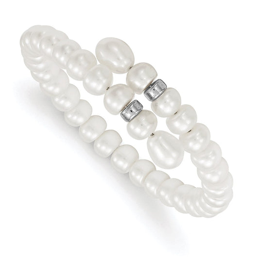Sterling Silver Rhodium-plated 6-8mm White Button and Rice Freshwater Cultured Pearl Flexible 7.5 inch Bracelet QH4818-7.5