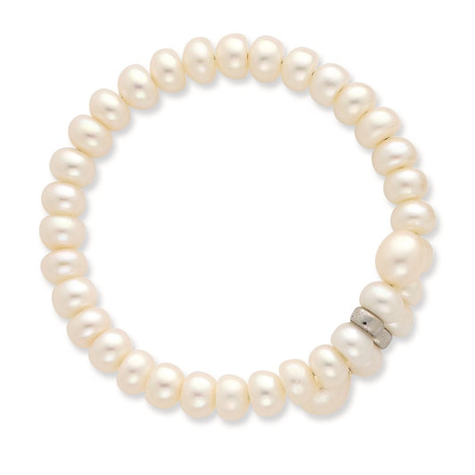 Sterling Silver Rhodium-plated 6-8mm White Button and Rice Freshwater Cultured Pearl Flexible 7.5 inch Bracelet QH4818-7.5