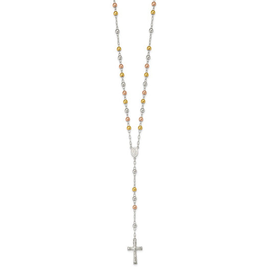 Sterling Silver Polished Rosary Tri-color Beads Necklace QH4987