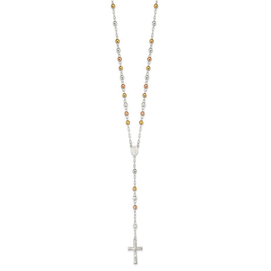 Sterling Silver Tri-color Polished Textured Bead Rosary 26 inch Necklace QH4989