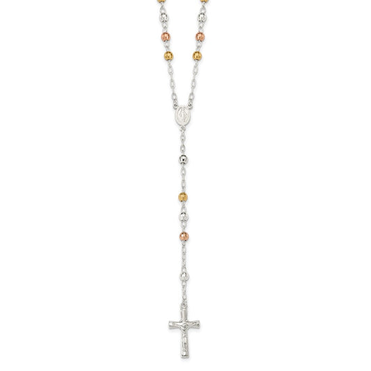 Sterling Silver Tri-color Polished Textured Bead Rosary 26 inch Necklace QH4989