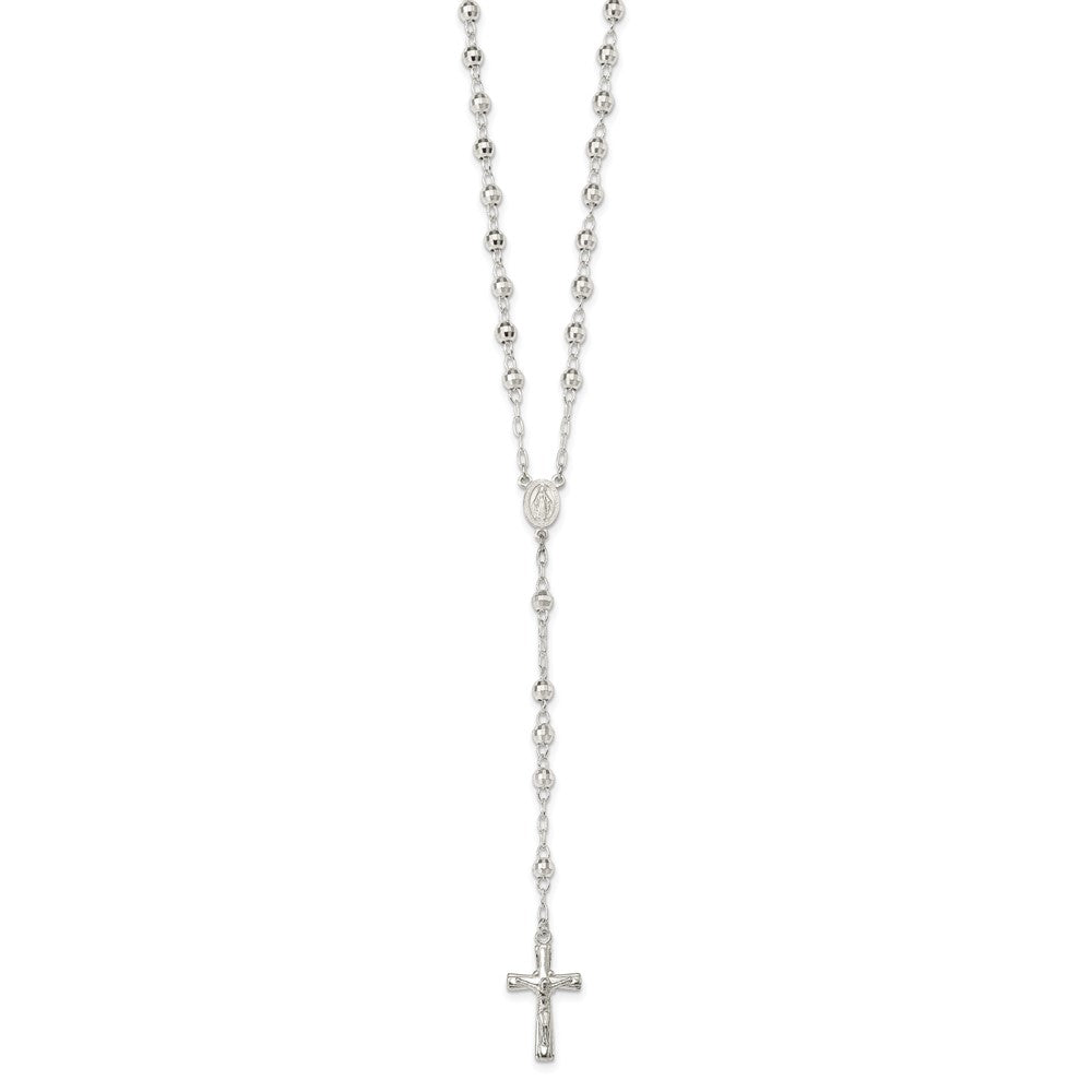 Sterling Silver Polished and Textured Bead Rosary 26 inch Necklace QH4990