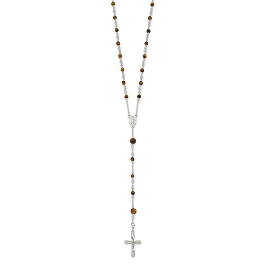 Sterling Silver Polished Tiger Eye Bead Rosary 33 inch Necklace QH4991