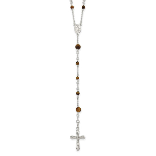 Sterling Silver Polished Tiger Eye Bead Rosary 33 inch Necklace QH4991