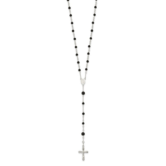 Sterling Silver Polished Black Onyx Rosary Necklace QH4998