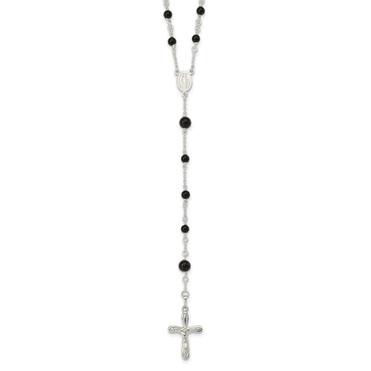 Sterling Silver Polished Black Onyx Rosary Necklace QH4998
