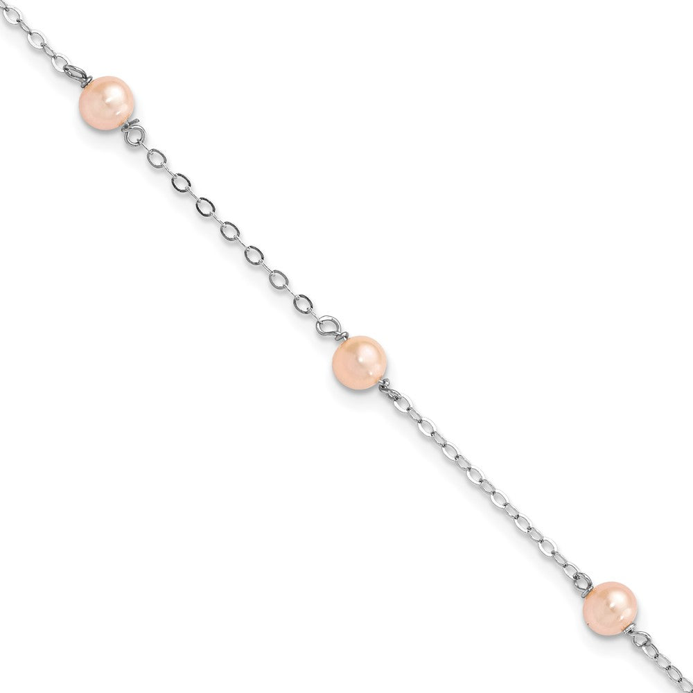 Sterling Silver Rhodium-plated 4-5mm Pink Semi-Round Freshwater Cultured Pearl 3-Station 5 inch with 1 inch Extension Children's Bracelet QH5029-5