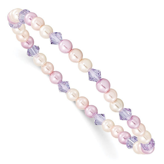 Children's Pink, Purple & White 4mm Shell Bead & Crystal Stretch Bracelet QH5053