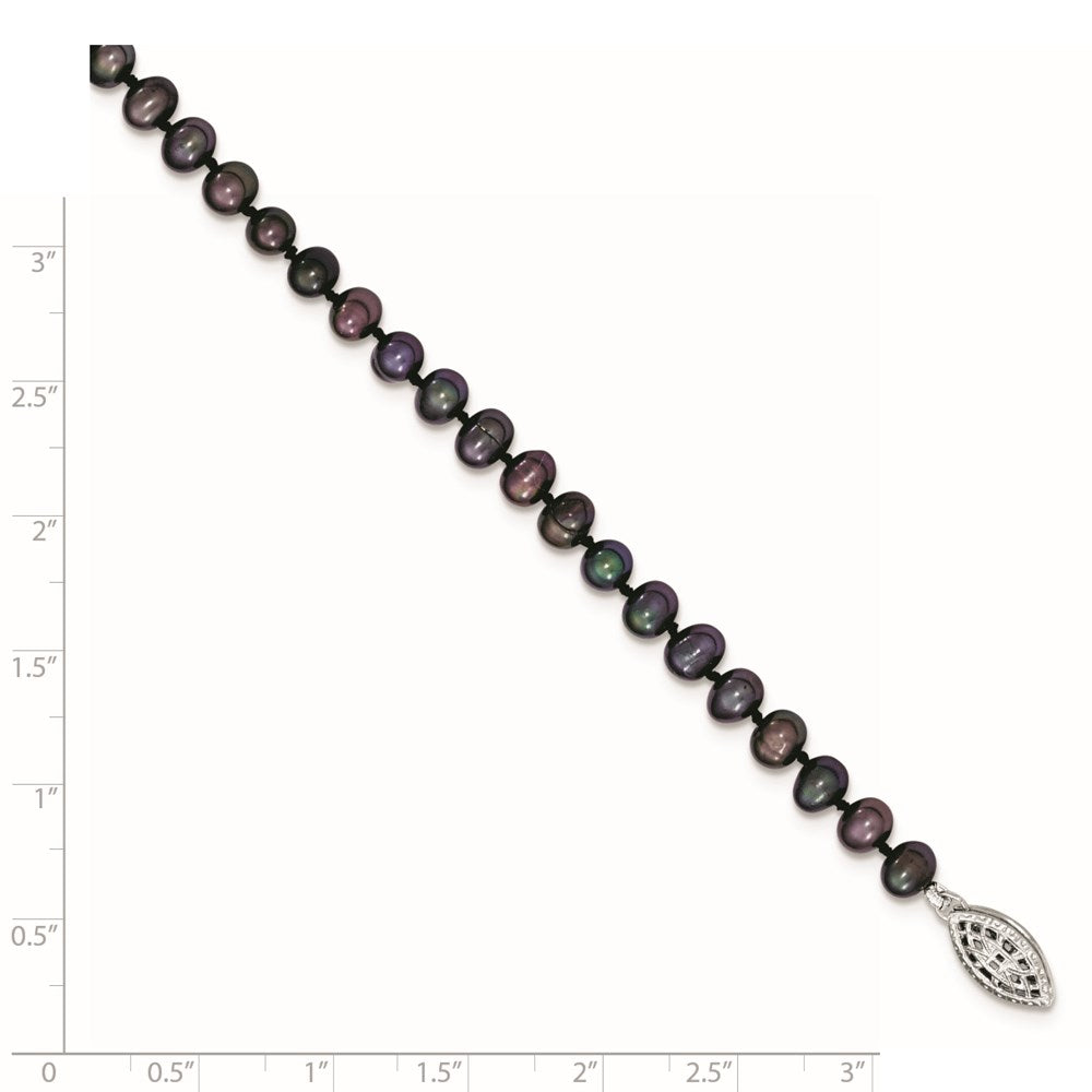 Sterling Silver Rhodium-plated 4-5mm Black Near-Round Freshwater Cultured Pearl 7.25 inch Bracelet QH5152-7.25