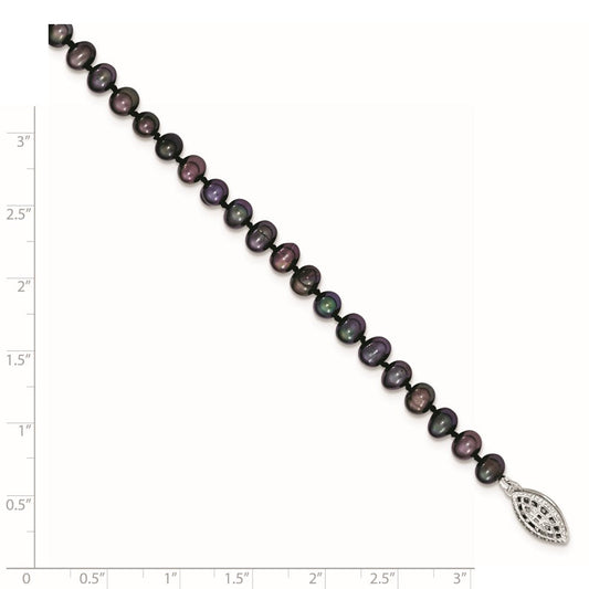 Sterling Silver Rhodium-plated 4-5mm Black Near-Round Freshwater Cultured Pearl 7.25 inch Bracelet QH5152-7.25