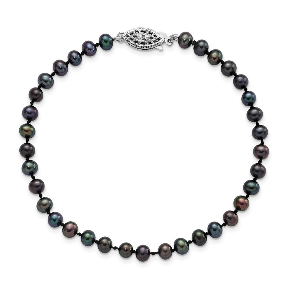 Sterling Silver Rhodium-plated 4-5mm Black Near-Round Freshwater Cultured Pearl 7.25 inch Bracelet QH5152-7.25