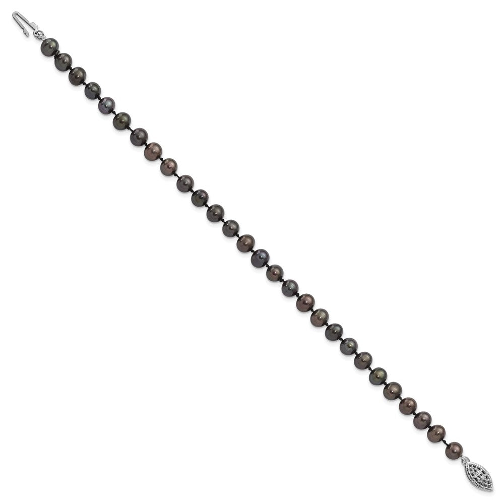 Sterling Silver Rhodium-plated 5-6mm Black Near-Round Freshwater Cultured Pearl 7.25 inch Bracelet QH5153-7.25