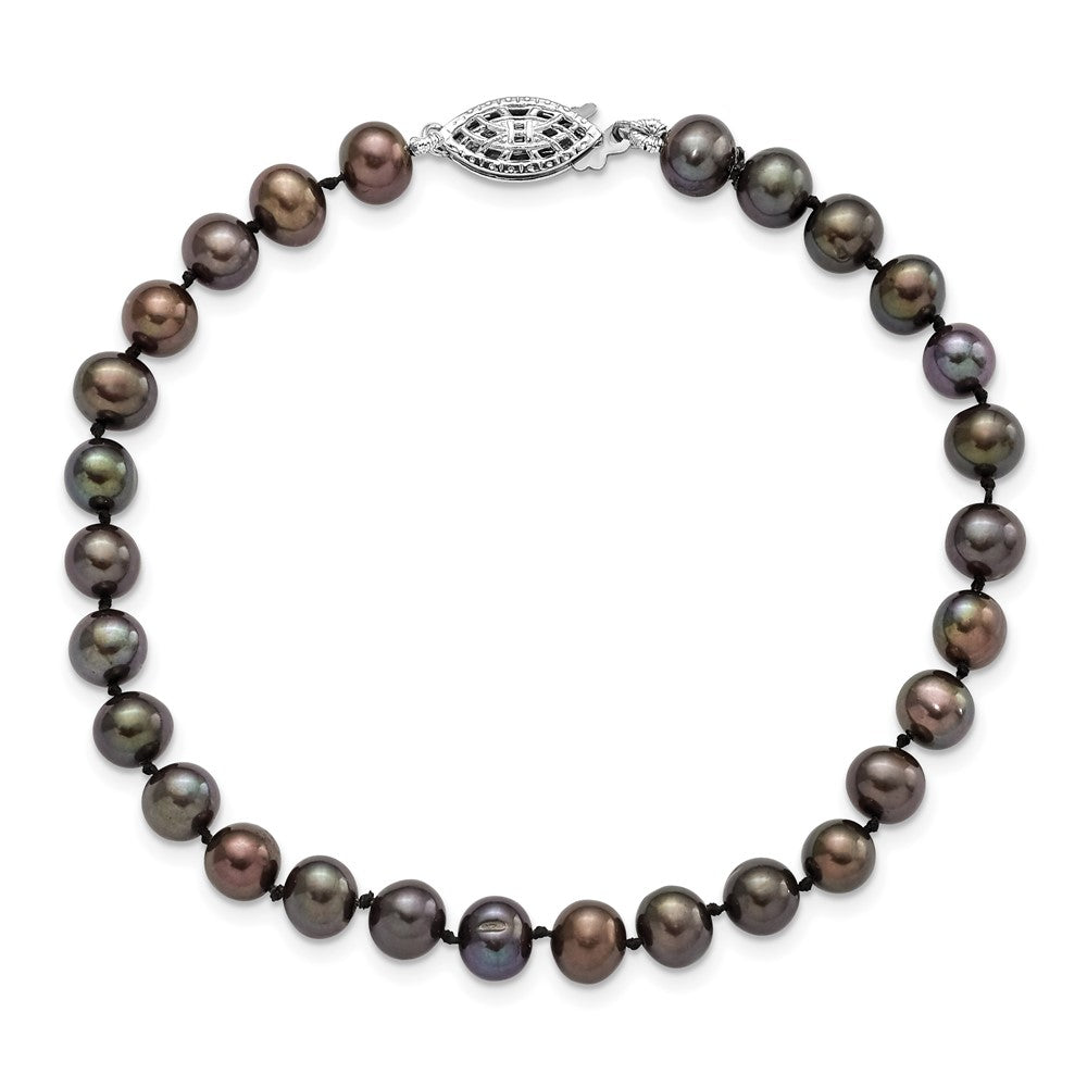 Sterling Silver Rhodium-plated 5-6mm Black Near-Round Freshwater Cultured Pearl 7.25 inch Bracelet QH5153-7.25