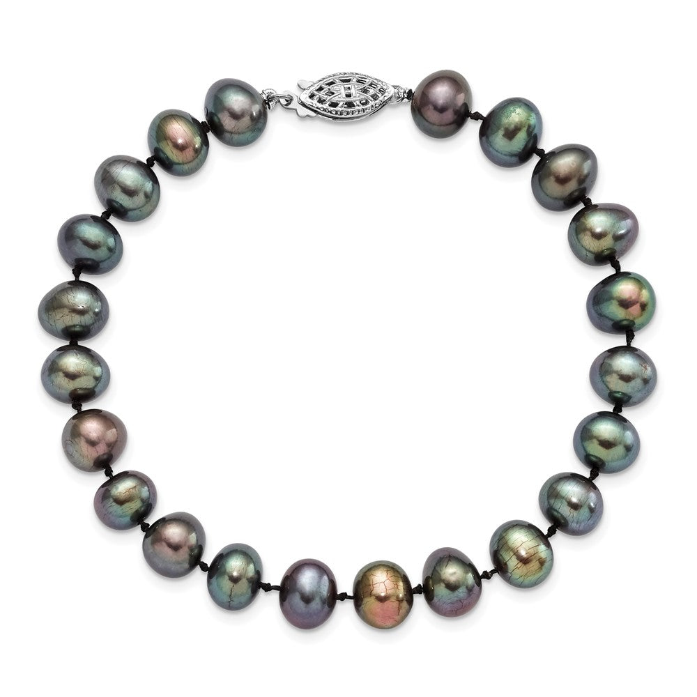 Sterling Silver Rhodium-plated 7-8mm Black Near-Round Freshwater Cultured Pearl 7.25 inch Bracelet QH5155-7.25