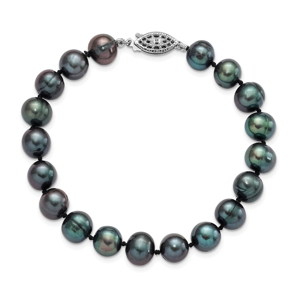 Sterling Silver Rhodium-plated 8-9mm Black Near-Round Freshwater Cultured Pearl 7.25 inch Bracelet QH5156-7.25