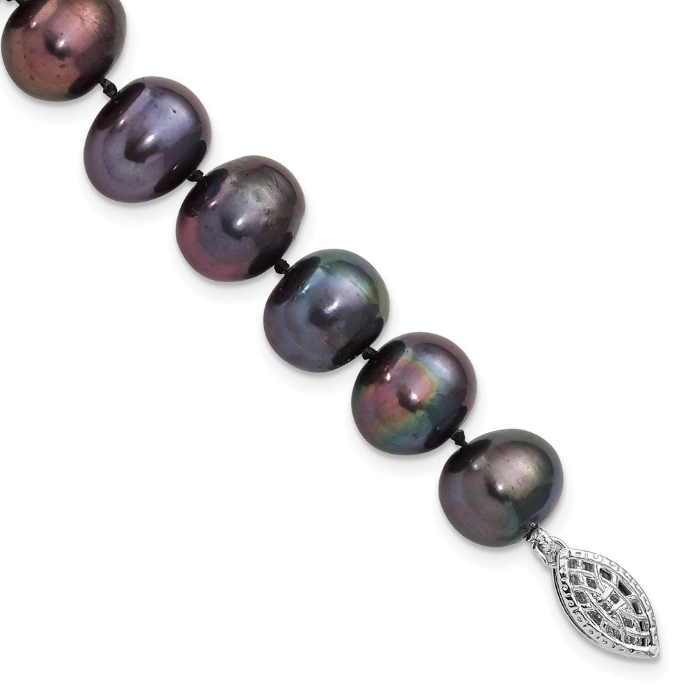 Sterling Silver Rhodium-plated 9-10mm Black Near-Round Freshwater Cultured Pearl 7.25 inch  Bracelet QH5157-7.25