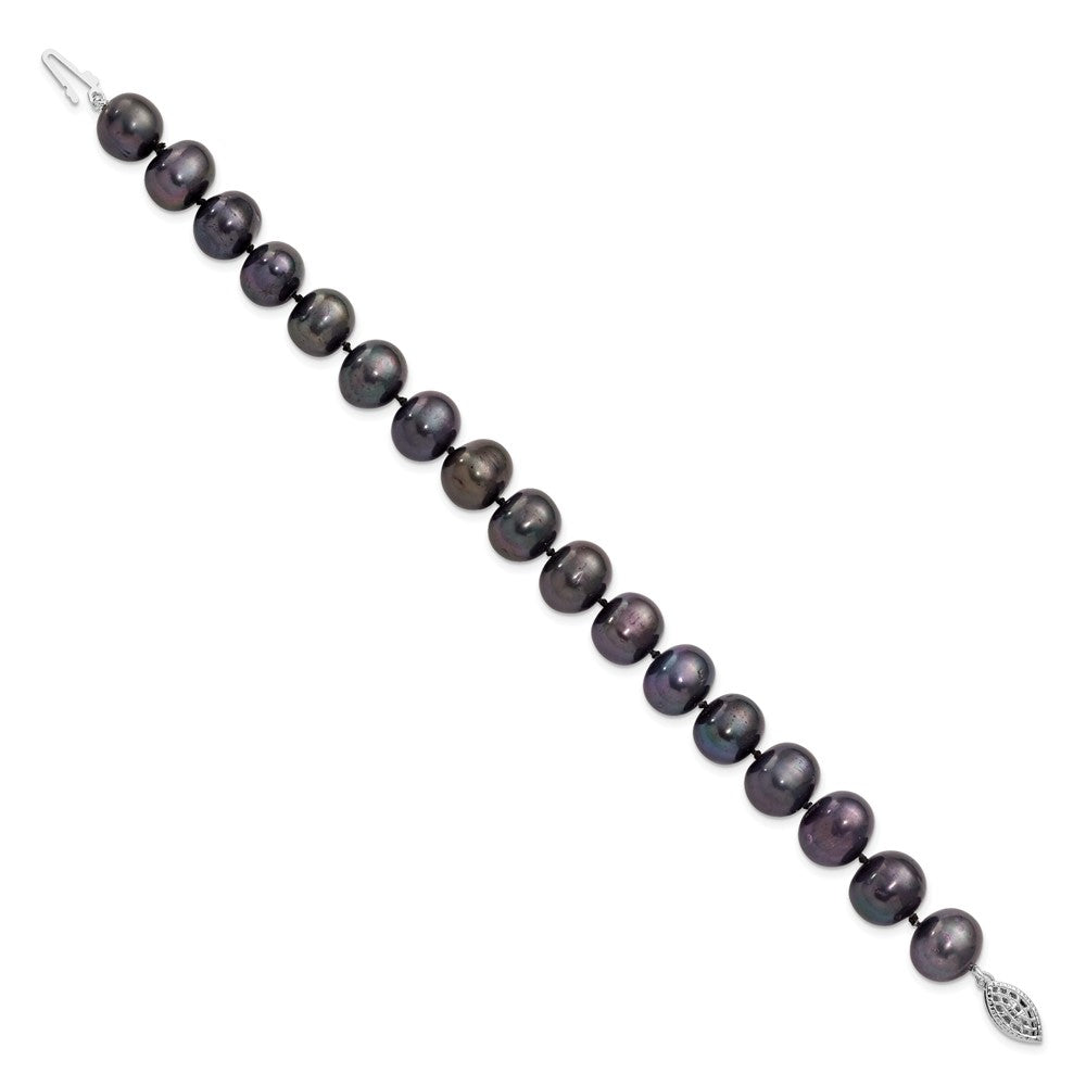 Sterling Silver Rhodium-plated 10-11mm Black Near-Round Freshwater Cultured Pearl 7.25 inch Bracelet QH5158-7.25