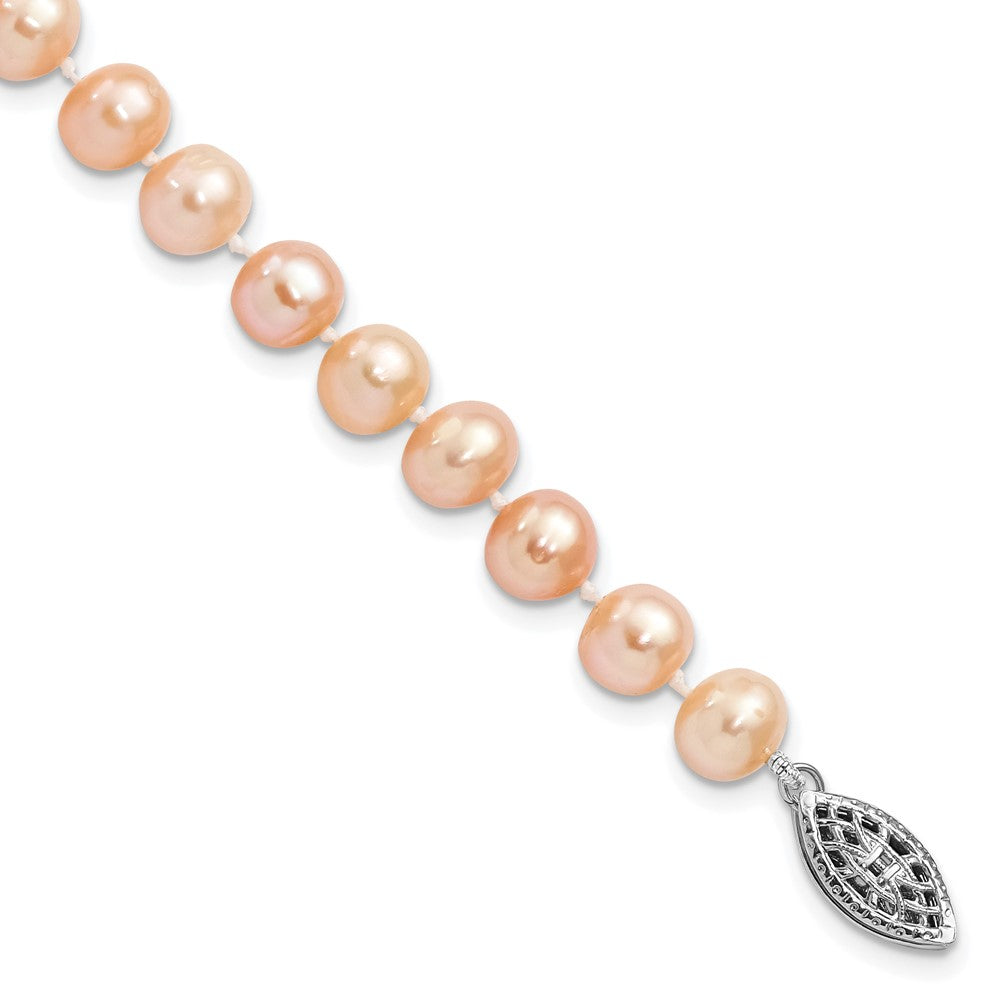 Sterling Silver Rhodium-plated 6-7mm Pink Near-Round Freshwater Cultured Pearl 7.25 inch Bracelet QH5166-7.25