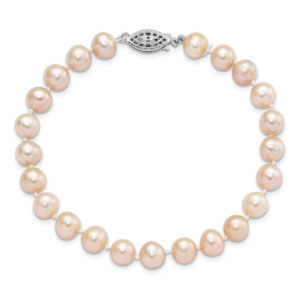 Sterling Silver Rhodium-plated 7-8mm Pink Near-Round Freshwater Cultured Pearl 7.25 inch Bracelet QH5167-7.25