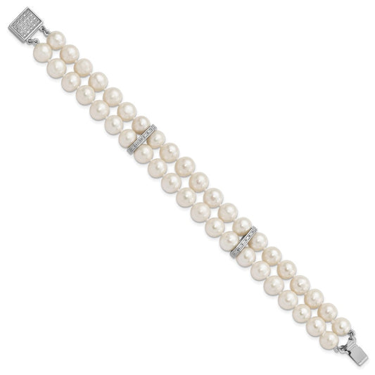 Sterling Silver Rhodium-plated 7-8mm White Near-round Freshwater Cultured Pearl and CZ 2-Strand 7 inch Bracelet QH5209-7