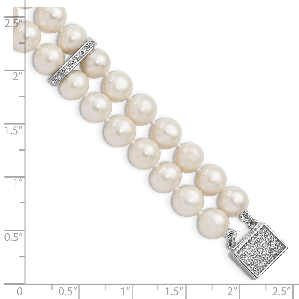 Sterling Silver Rhodium-plated 7-8mm White Near-round Freshwater Cultured Pearl and CZ 2-Strand 7 inch Bracelet QH5209-7