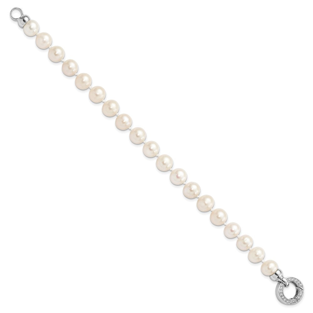 Sterling Silver Rhodium-plated 9-10mm White Near-Round Freshwater Cultured Pearl and CZ Fancy 7.5 inch Bracelet QH5214-7.5