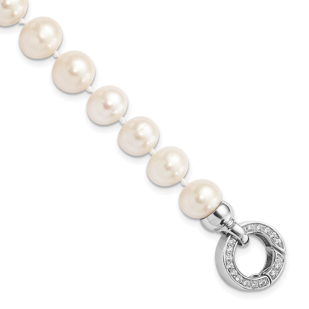 Sterling Silver Rhodium-plated 9-10mm White Near-Round Freshwater Cultured Pearl and CZ Fancy 7.5 inch Bracelet QH5214-7.5