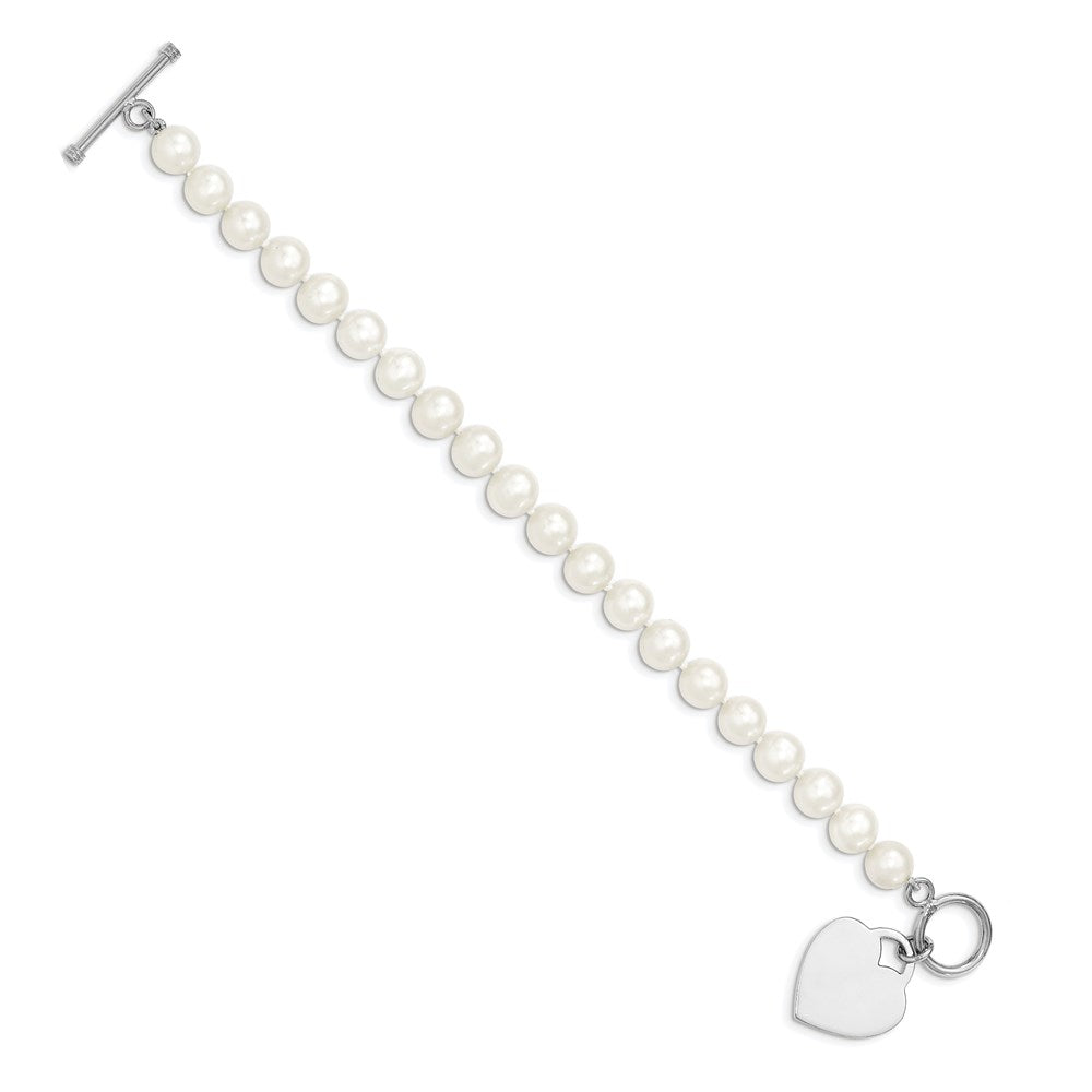 Sterling Silver Rhodium-plated 8-9mm White Near-Round Freshwater Cultured Pearl Heart Toggle 7.5 inch Bracelet QH5217-7.5